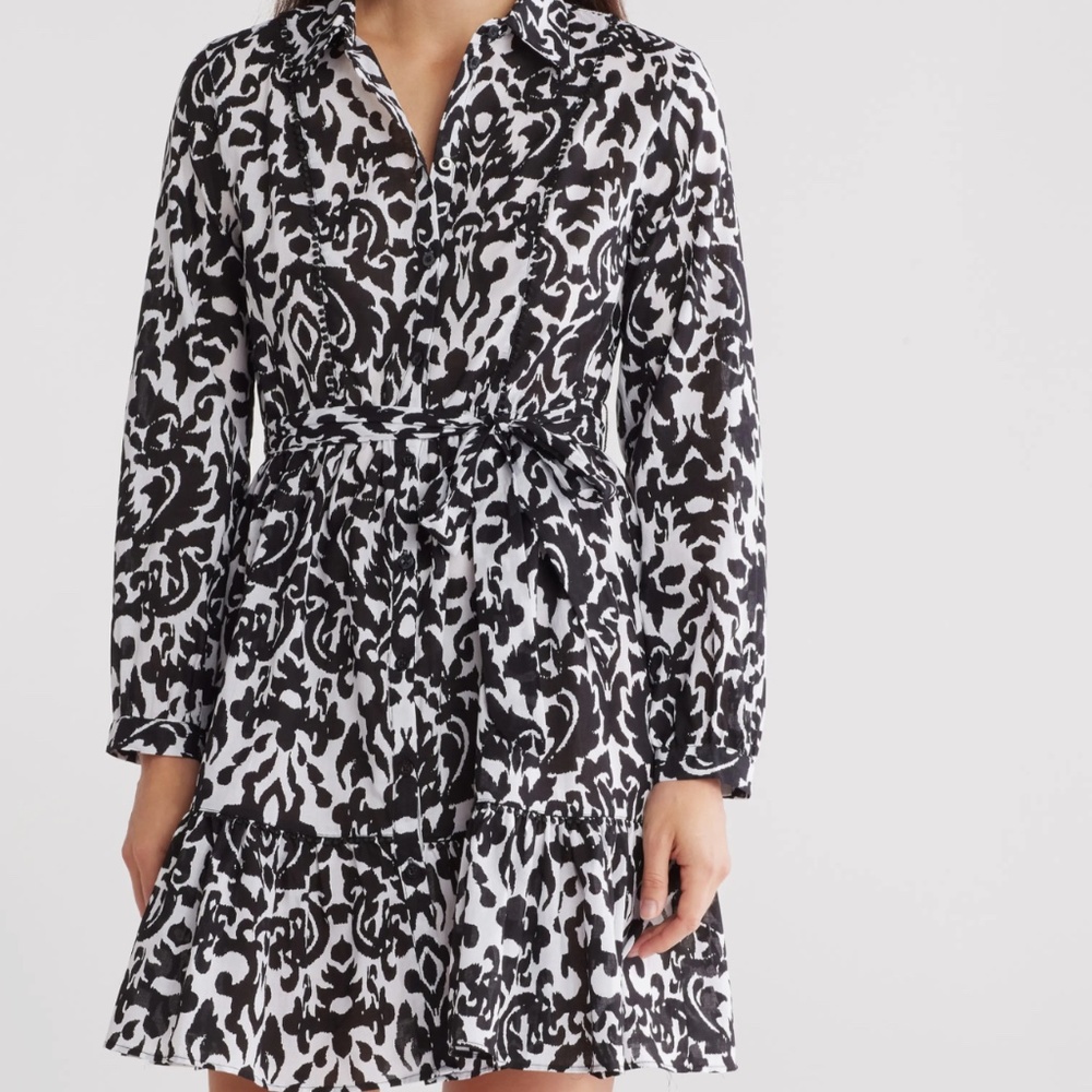 Ellen Tracy Black & White Shirt Dress Long Sleeve Button Down Tie Waist Medium